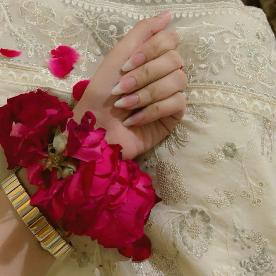 Soft Pink Nude White Ombre Milky Almond Press-On Nails | 24 Pcs + Free Kit