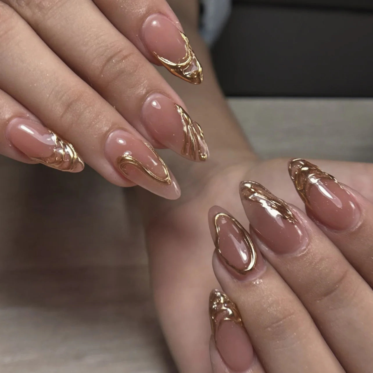 Premium Nude Pink 3D Gold Chrome Swirl Handmade Almond Press-On Nails | 24 Pcs + Free Kit