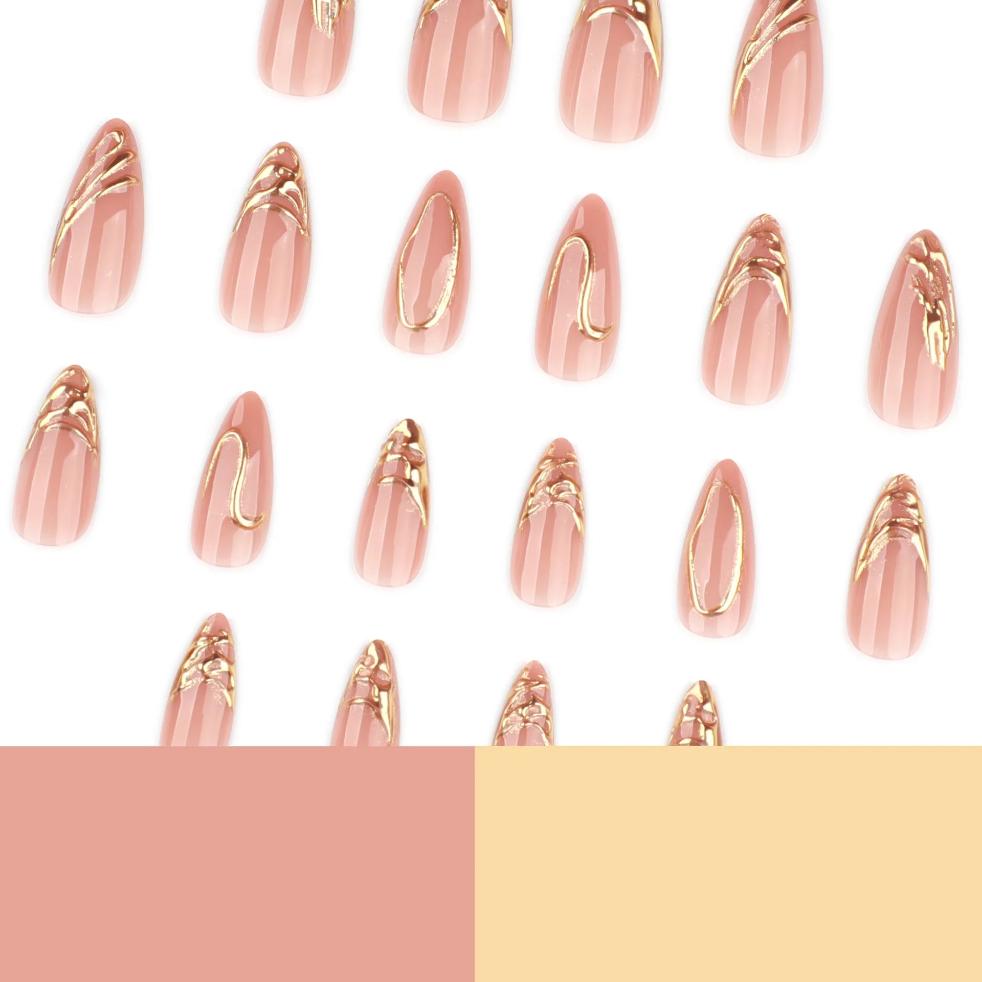 Premium Nude Pink 3D Gold Chrome Swirl Handmade Almond Press-On Nails | 24 Pcs + Free Kit