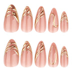 Premium Nude Pink 3D Gold Chrome Swirl Handmade Almond Press-On Nails | 24 Pcs + Free Kit