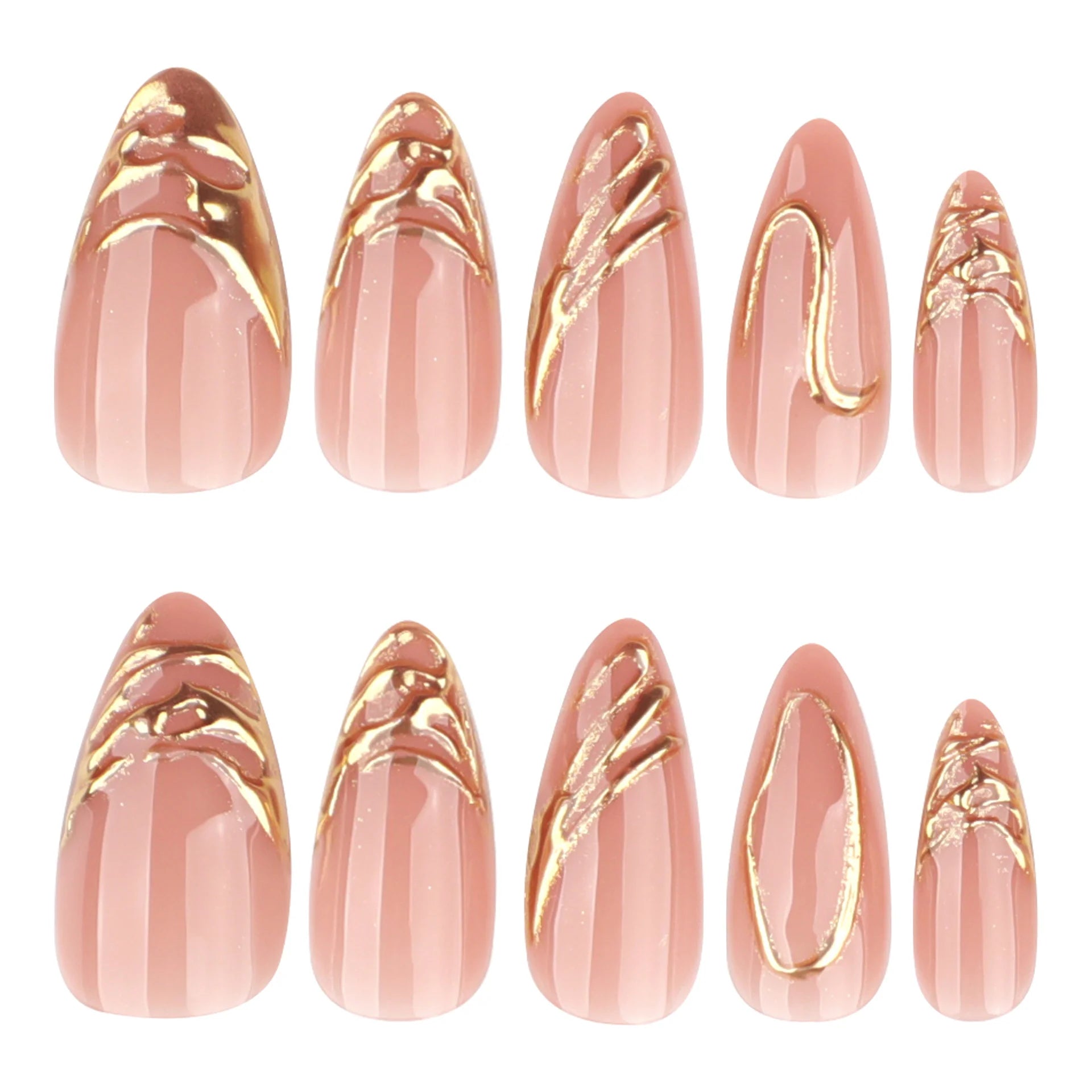 Premium Nude Pink 3D Gold Chrome Swirl Handmade Almond Press-On Nails | 24 Pcs + Free Kit