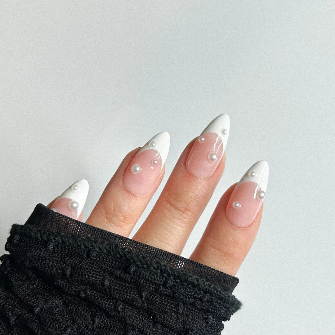 French Tip Pearl & Line Art Nude Almond Press-On Nails | 24 Pcs + Free Kit