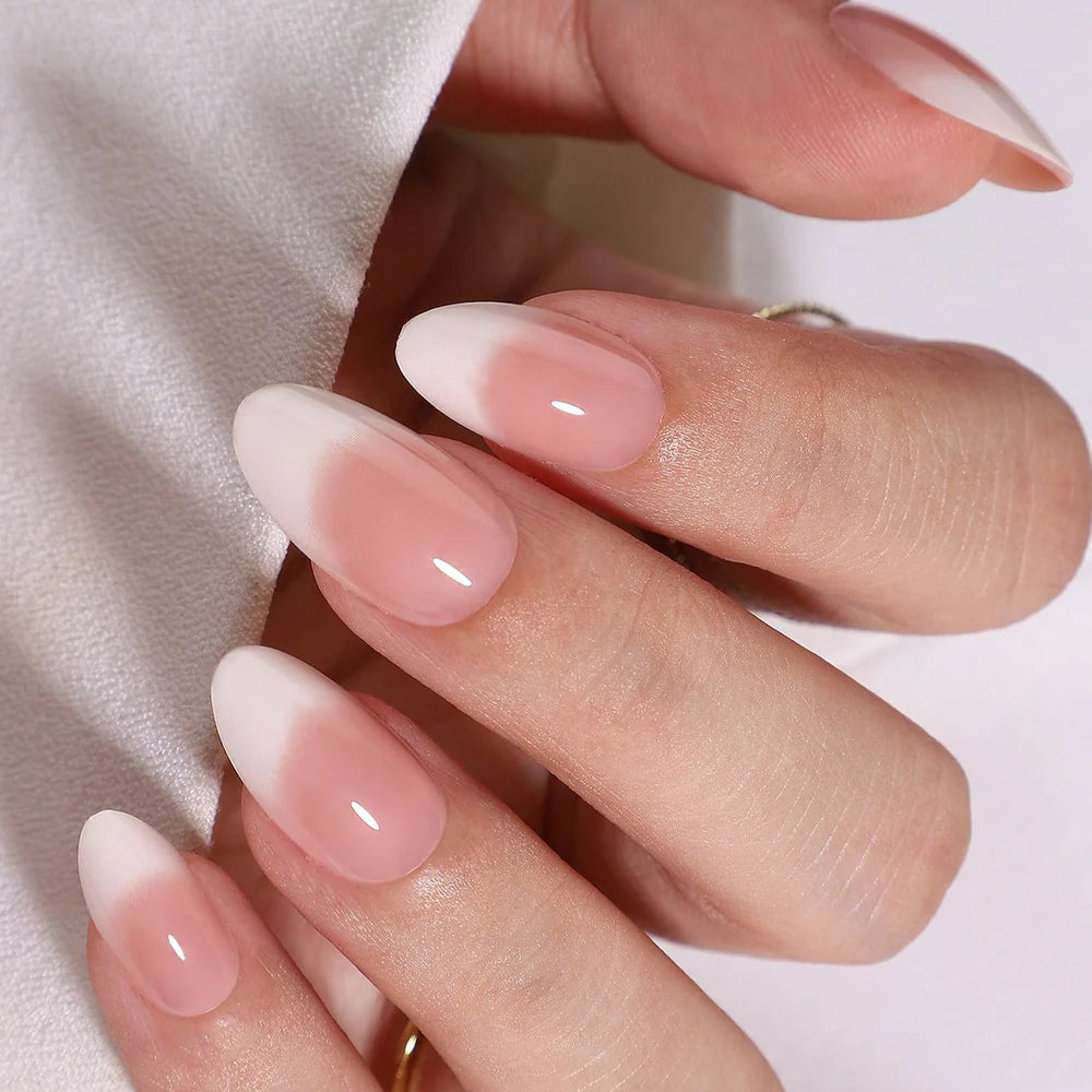 Soft Pink Nude White Ombre Milky Almond Press-On Nails | 24 Pcs + Free Kit