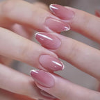 Pink Blush Ombre Oval Press-On Nails with Glitter French Tip | 24 Pcs + Free Kit