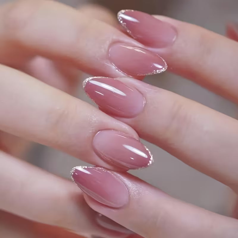 Rosé Blush Ombre Oval With Glitter French line Luxury Press-Ons