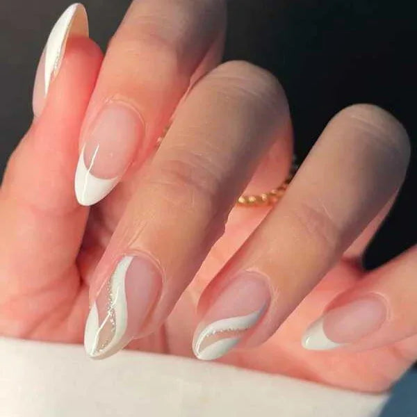 Nude White French & Silver Swirl Wave Almond Press-On Nails | 24 Pcs + Free Kit