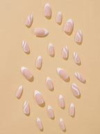 Nude White French & Silver Swirl Wave Almond Press-On Nails | 24 Pcs + Free Kit