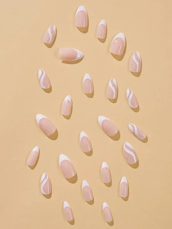 Nude White French & Silver Swirl Wave Almond Press-On Nails | 24 Pcs + Free Kit