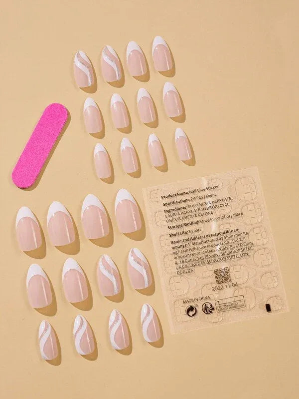 Nude White French & Silver Swirl Wave Almond Press-On Nails | 24 Pcs + Free Kit