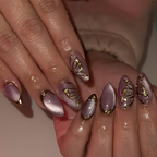 Mauve Purple Gold Butterfly Chrome Almond Press-On Nails | 24 Pcs + Free Kit