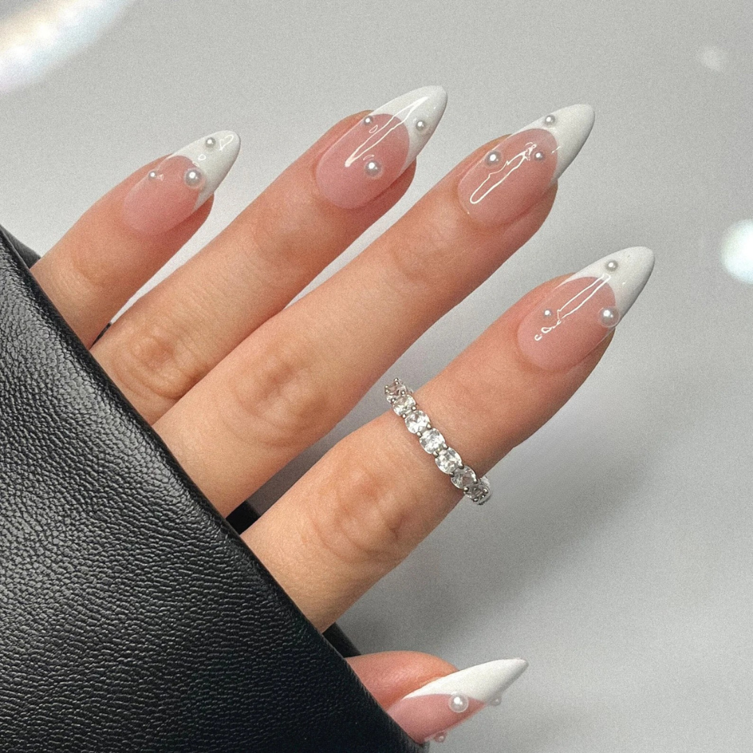 French Tip Pearl & Line Art Nude Almond Press-On Nails | 24 Pcs + Free Kit