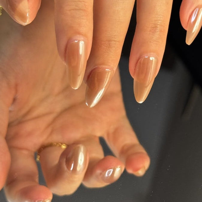 Glossy Caramel Nude Almond Press-On Nails | 30 Pcs + Free Kit