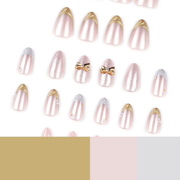 Blush Pink 3D Gold Bow Lace Pearl Handmade Almond Press-On Nails | 30 Pcs + Free Kit