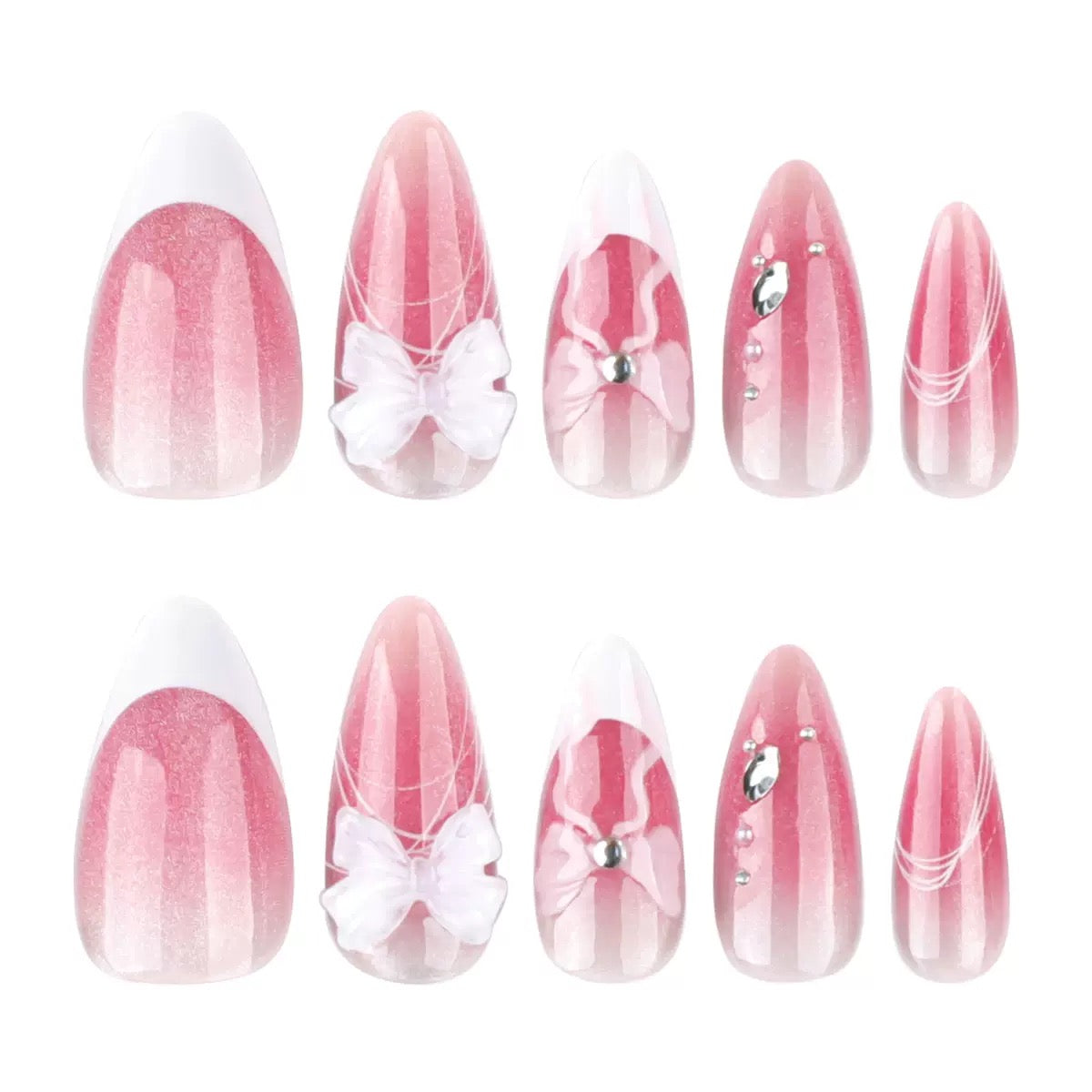 3D Pink Glitter Ombre Almond Press-Ons with Butterfly & Rhinestones