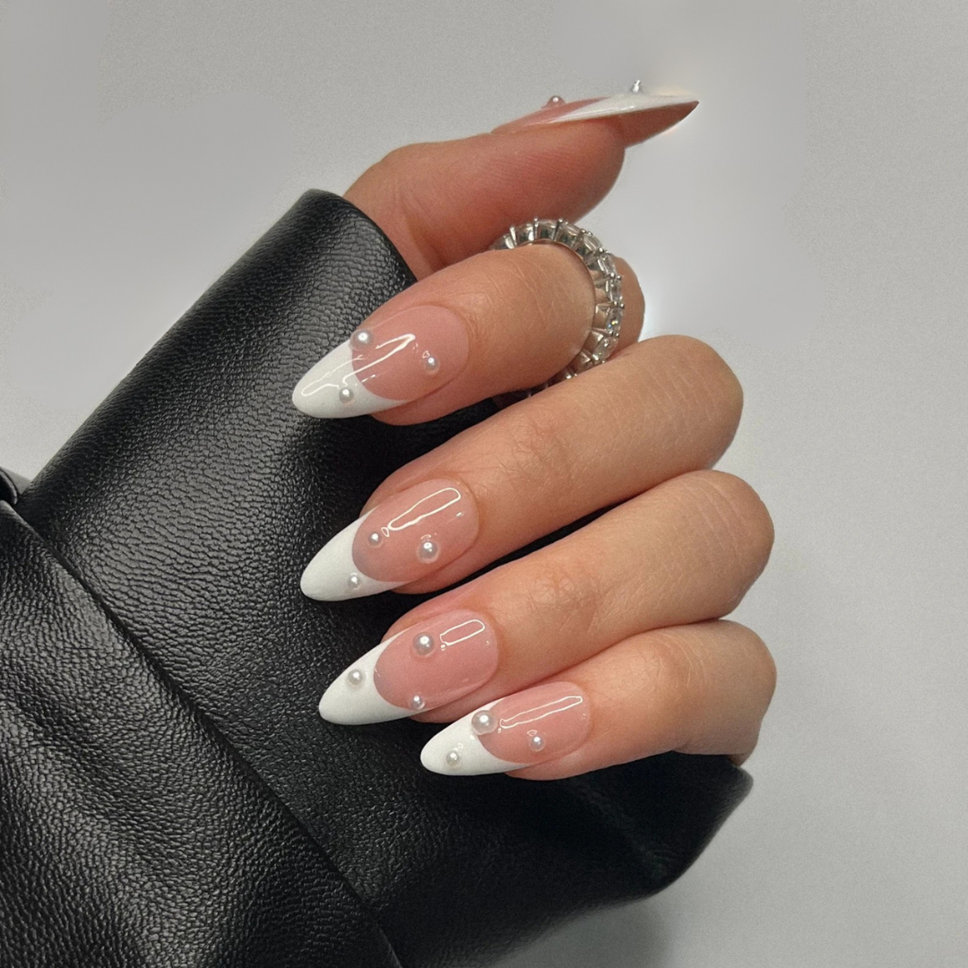 French Tip Pearl & Line Art Nude Almond Press-On Nails | 24 Pcs + Free Kit