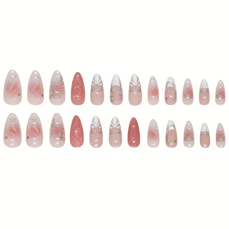 Soft Pink Blush 3D Silver Bow & Star Coquette Handmade Almond Press-On Nails | 24 Pcs + Free Kit