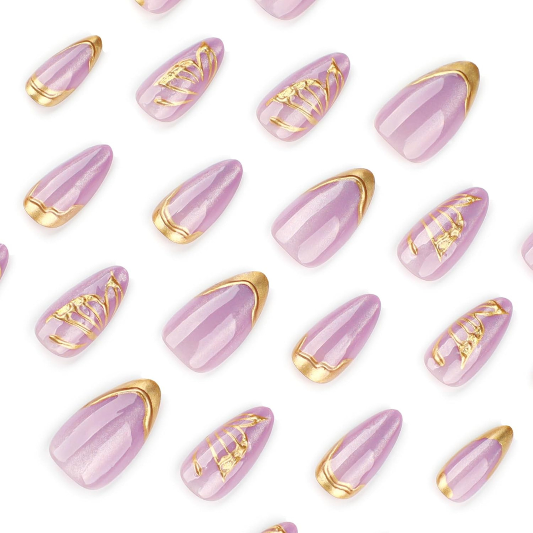 Mauve Purple Gold Butterfly Chrome Almond Press-On Nails | 24 Pcs + Free Kit