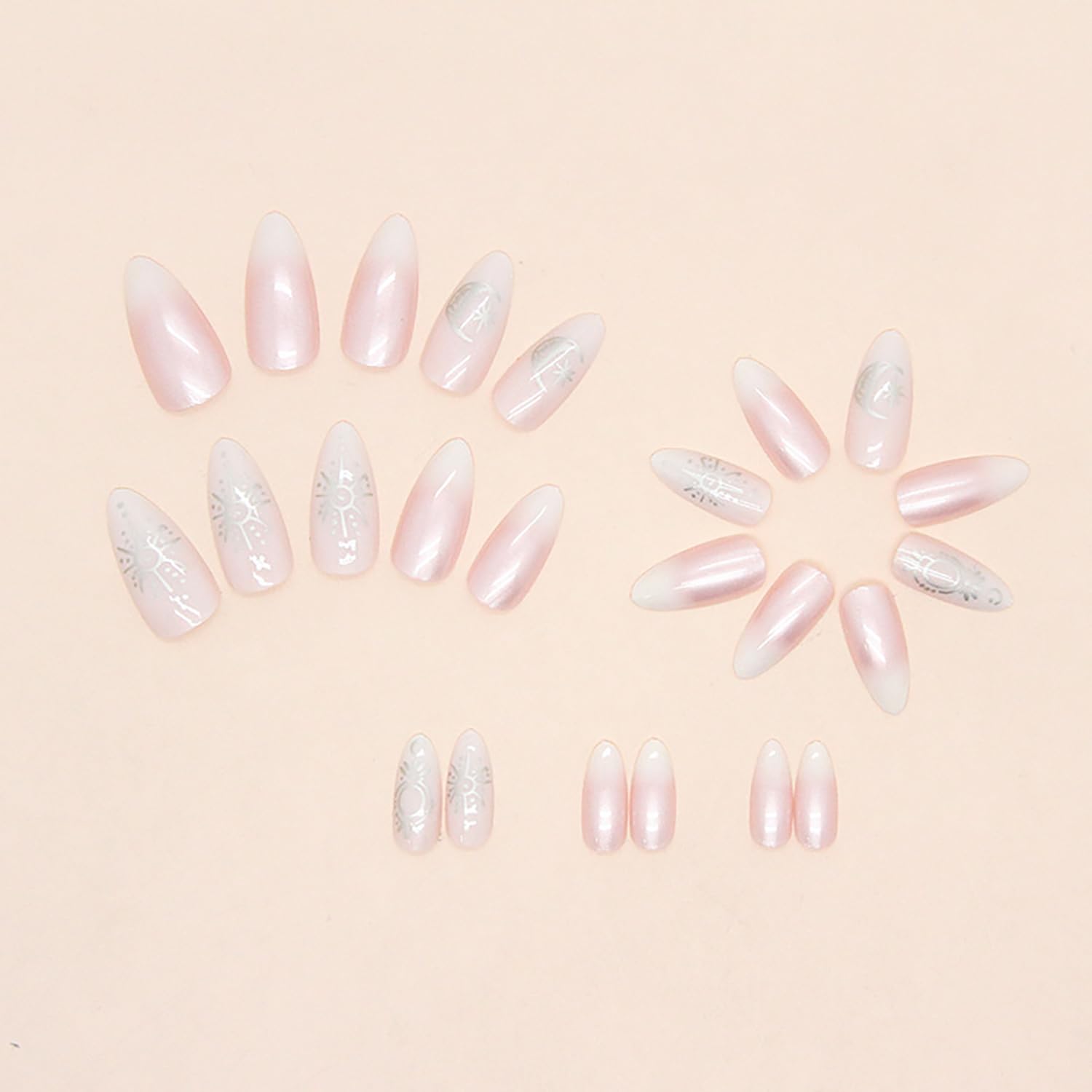 Pearl Ombre Almond Press-On Nails with Gold Sun & Moon | 24 Pcs + Free Kit