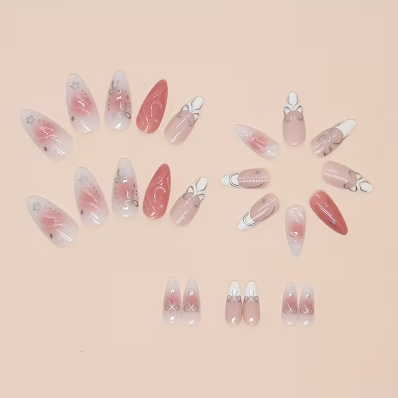 Soft Pink Blush 3D Silver Bow & Star Coquette Handmade Almond Press-On Nails | 24 Pcs + Free Kit