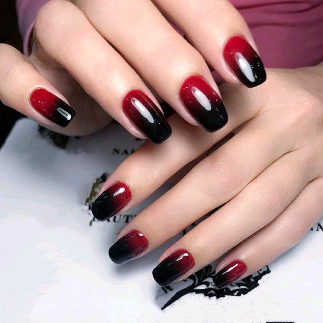 Deep Burgundy and Black Ombre Short Square Press-On Nails