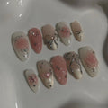 Soft Pink Blush 3D Silver Bow & Star Coquette Handmade Almond Press-On Nails | 24 Pcs + Free Kit