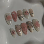 Soft Pink Blush 3D Silver Bow & Star Coquette Handmade Almond Press-On Nails | 24 Pcs + Free Kit