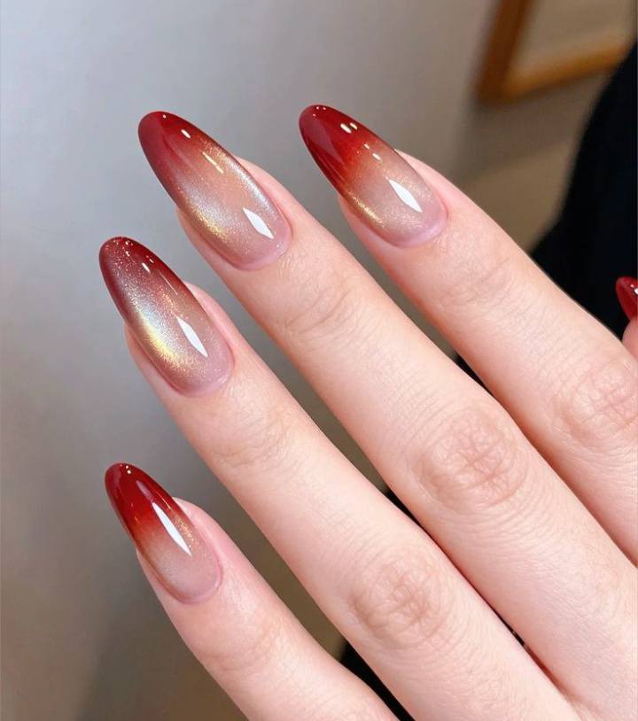 Sunset Dream Ombre Dark Red & Gold Glitter Press-on Nails