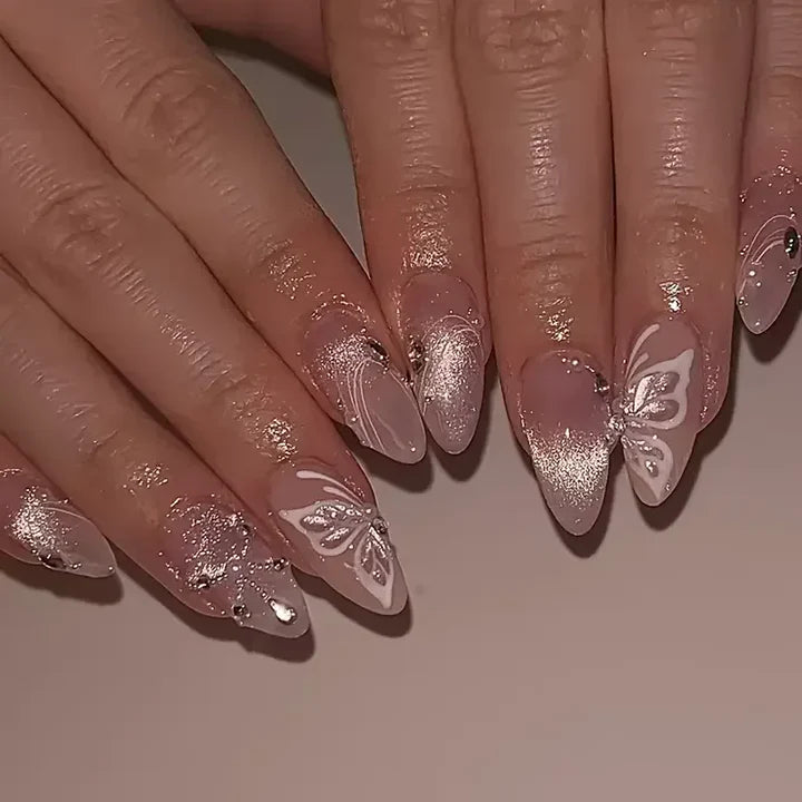 Rose Gold Glitter Butterfly Nude Almond Press-On Nails | 24 Pcs + Free Kit