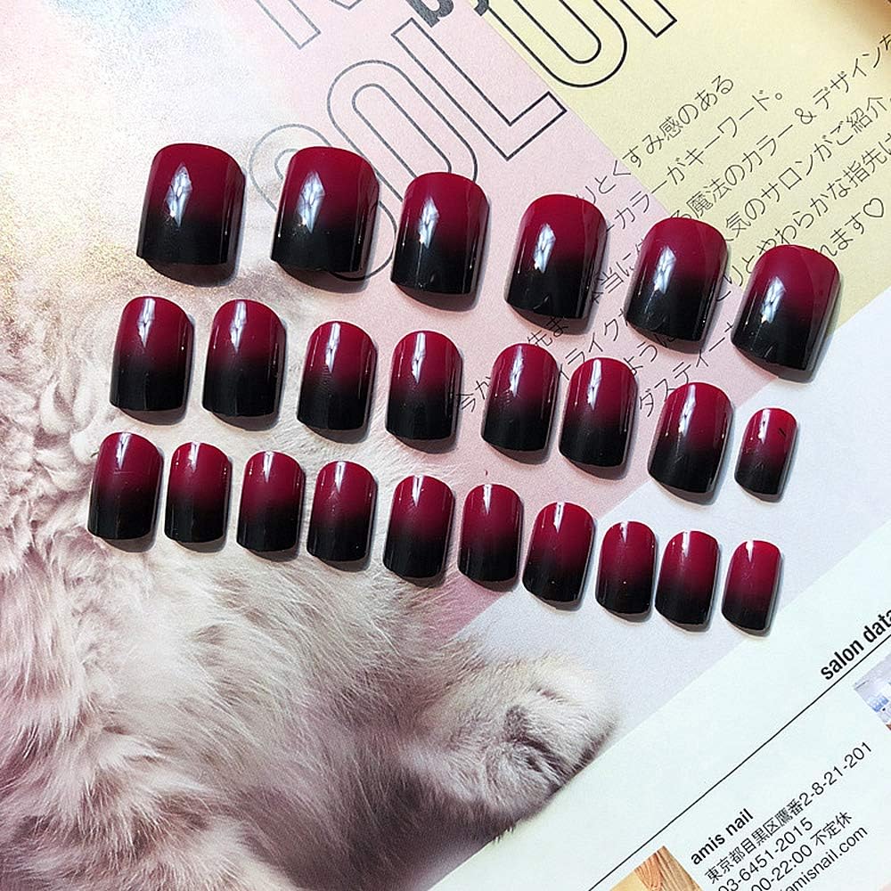 Deep Burgundy and Black Ombre Short Square Press-On Nails