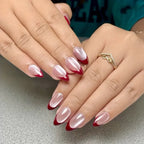 Red French Tip Glossy Nude Almond Press-On Nails | 24 Pcs + Free Kit