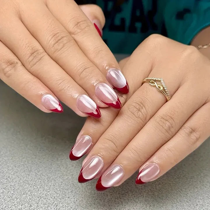 Red French Tip Glossy Nude Almond Press-On Nails | 24 Pcs + Free Kit