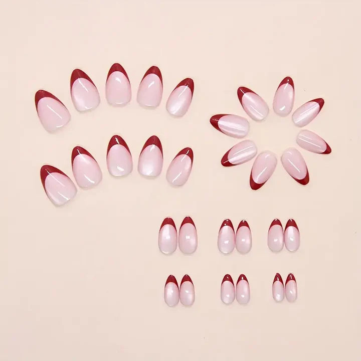 Red French Tip Glossy Nude Almond Press-On Nails | 24 Pcs + Free Kit