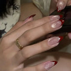 Red French Tip Glossy Nude Almond Press-On Nails | 24 Pcs + Free Kit
