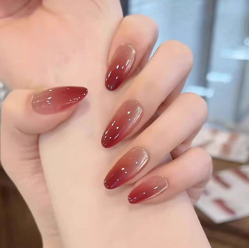 Dark Red Glossy Ombre Almond Press-On Nails | 30 Pcs + Free Kit