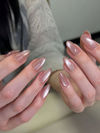 Warm Taupe Pearl Chrome Almond Press-On Nails | 30 Pcs + Free Kit