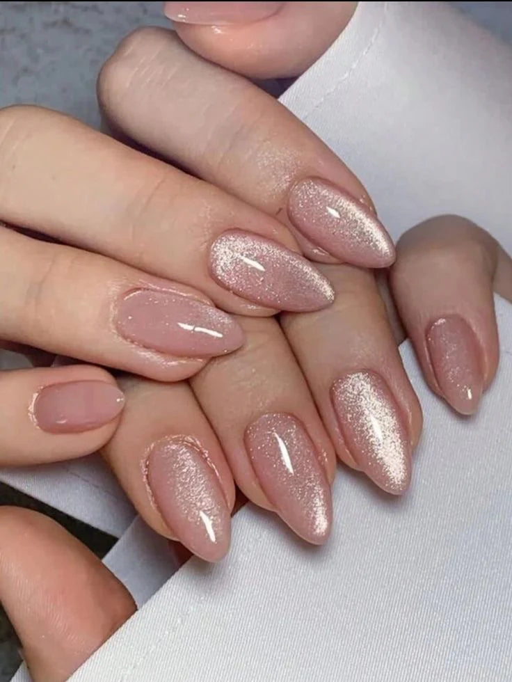 Nude Rose Gold Cat Eye Almond Press-On Nails | 30 Pcs + Free Kit