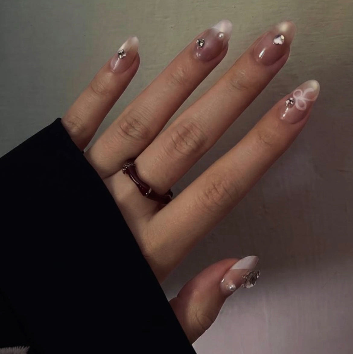 3D Sheer White Cloud with Rhinestone Crystal Almond Press-On Nails | 24 Pcs + Free Kit