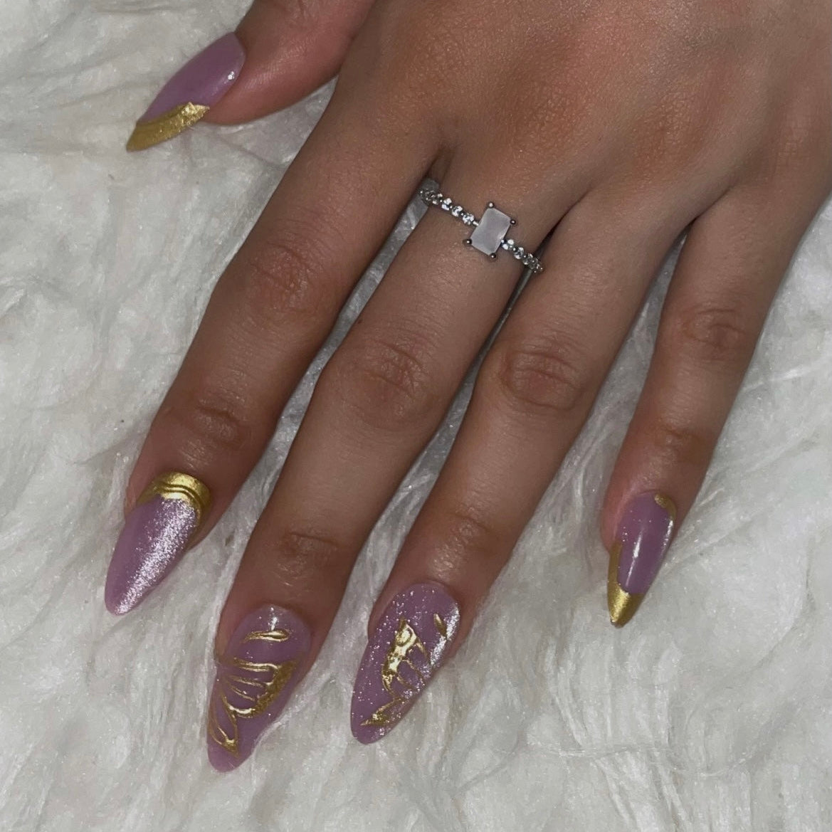 Mauve Purple Gold Butterfly Chrome Almond Press-On Nails | 24 Pcs + Free Kit