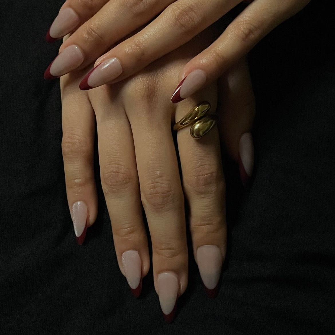 Red French Tip Glossy Nude Almond Press-On Nails | 24 Pcs + Free Kit
