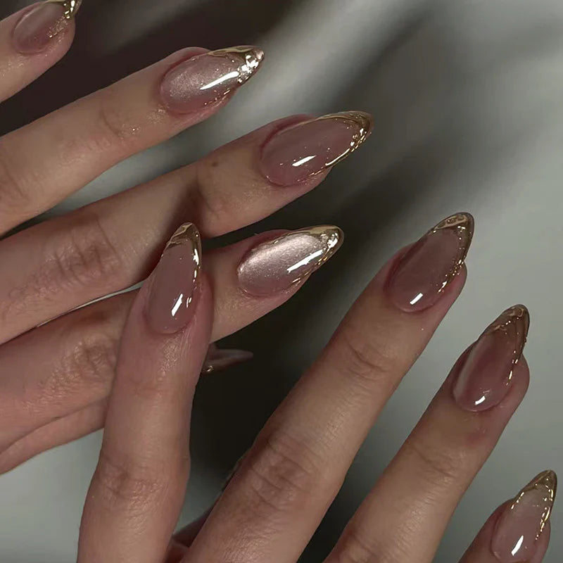 Nude Pink 3D Gold Textured French Tip Handmade Almond Press-On Nails | 24 Pcs + Free Kit