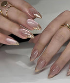 Nude Pink 3D Gold Textured French Tip Handmade Almond Press-On Nails | 24 Pcs + Free Kit