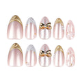 Blush Pink 3D Gold Bow Lace Pearl Handmade Almond Press-On Nails | 30 Pcs + Free Kit