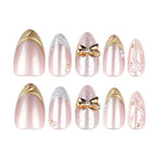 Blush Pink 3D Gold Bow Lace Pearl Handmade Almond Press-On Nails | 30 Pcs + Free Kit