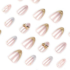 Blush Pink 3D Gold Bow Lace Pearl Handmade Almond Press-On Nails | 30 Pcs + Free Kit