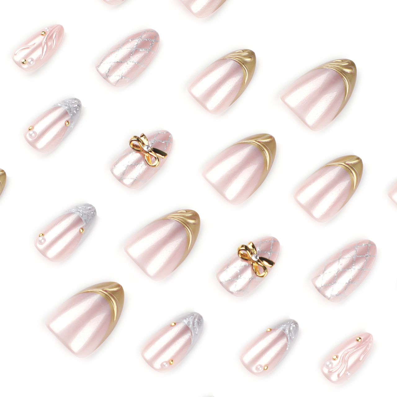 Blush Pink 3D Gold Bow Lace Pearl Handmade Almond Press-On Nails | 30 Pcs + Free Kit