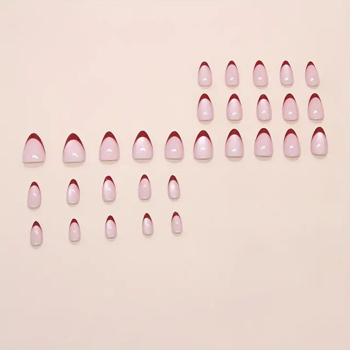 Red French Tip Glossy Nude Almond Press-On Nails | 24 Pcs + Free Kit