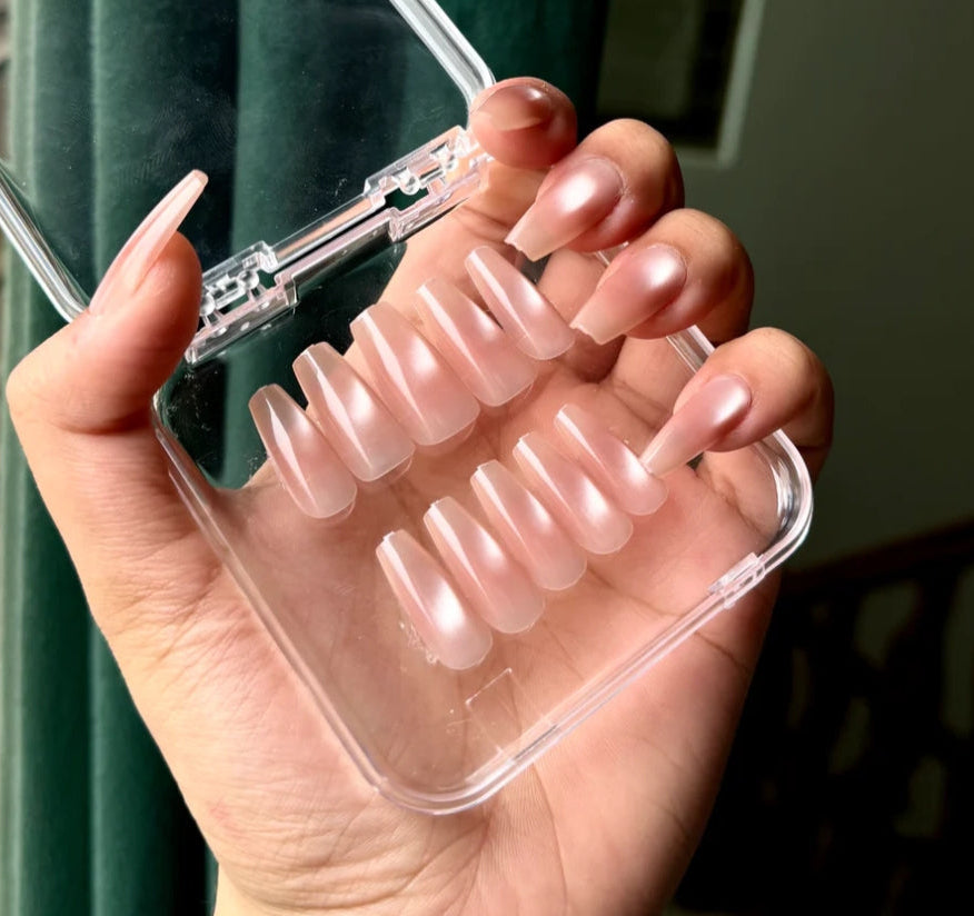 Sheer Milky Pink Frosted Matte Long Coffin Press-On Nails | 30 Pcs + Free Kit
