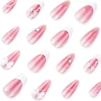 3D Pink Glitter Ombre Almond Press-Ons with Butterfly & Rhinestones