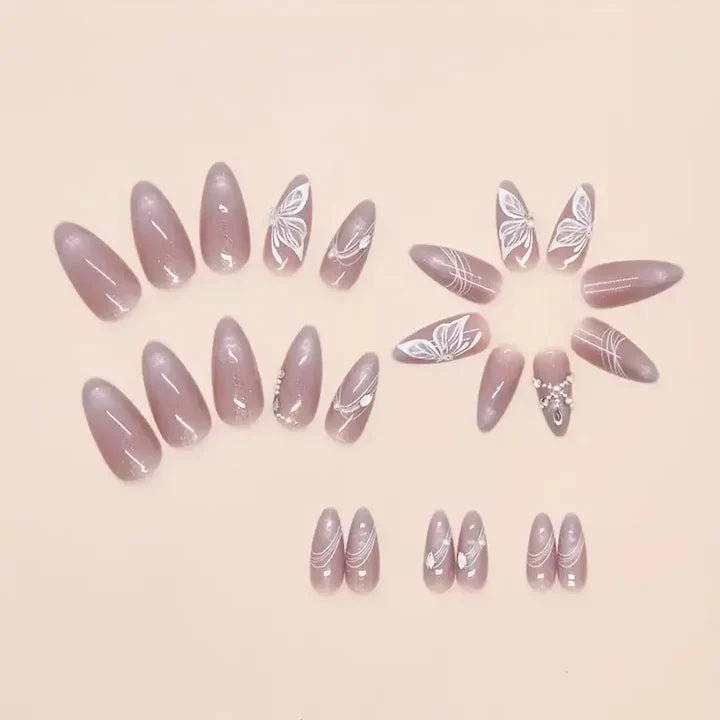 Rose Gold Glitter Butterfly Nude Almond Press-On Nails | 24 Pcs + Free Kit