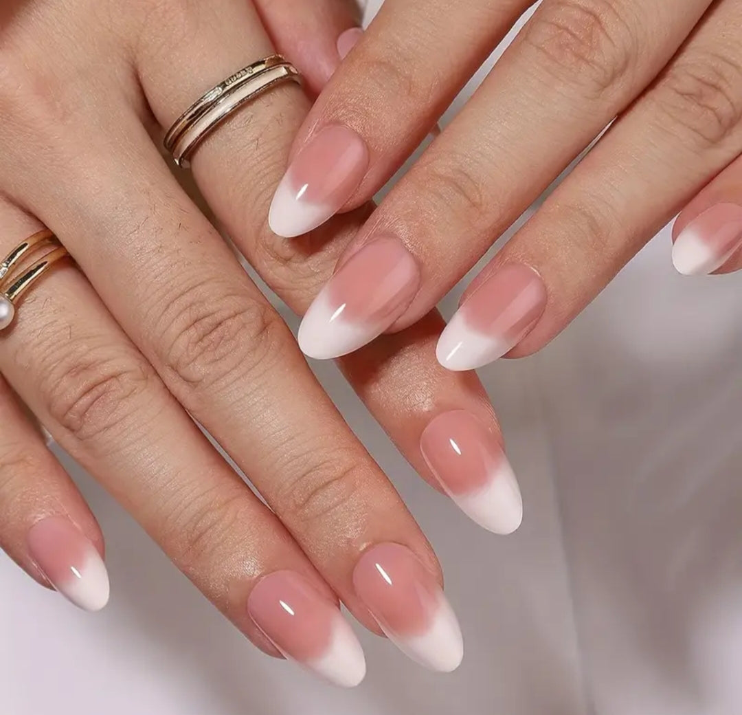 Soft Pink Nude White Ombre Milky Almond Press-On Nails | 24 Pcs + Free Kit